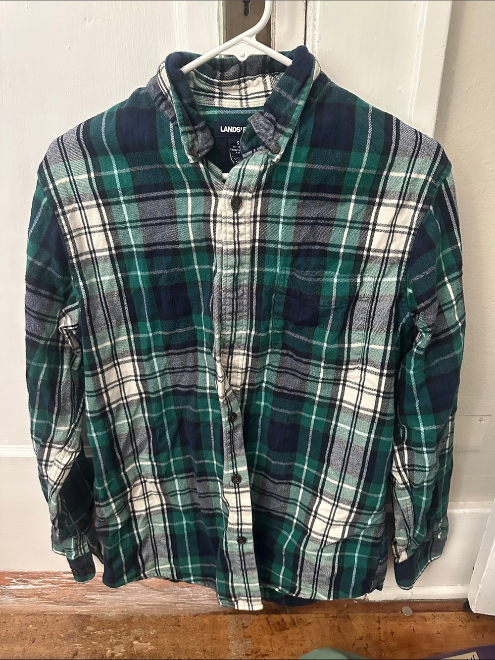 Lands' End Green, Navy & White Plaid Men's Button-Down Shirt